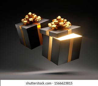 Two black gift boxes with golden ribbon isolated on black background - 3D illustration