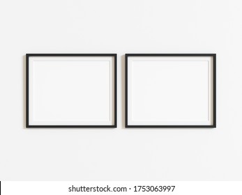 Two Black Horizontal Frames Mockup On White Wall. Landscape Frame. 3d Illustration.