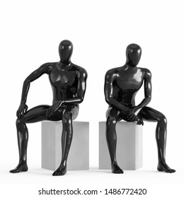 Two Black Plastic Mannequins Sit On White Drawers. 3D