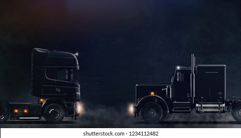 Two black semi trucks facing each other on dark background with smoke (3D illustration)
