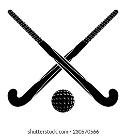 Two black silhouettes sticks for field hockey and ball on a white background. Raster copy