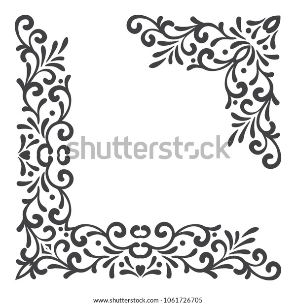 Two black vintage\
corners on white background. Elegant hand drawn retro floral\
border. Design element for wedding invitation or menu, banner,\
postcard, save the date\
card.