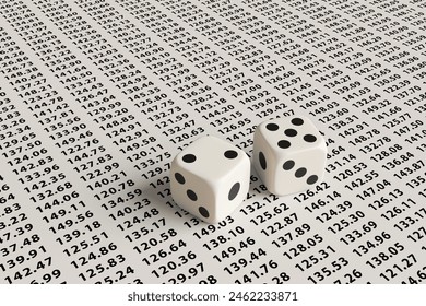 Two black and white rolling dice on a sheet full of floating point numbers. 3D illustration of the concept of change of stock prices, investment speculation, probability and statistics