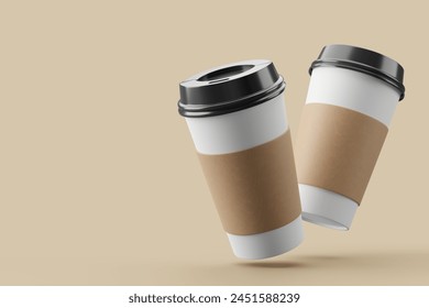 Two blank coffee cups with a plastic lids cup cover ,Mockup template. 3d rendering. - Powered by Shutterstock