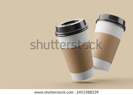 Two blank coffee cups with a plastic lids cup cover ,Mockup template. 3d rendering.