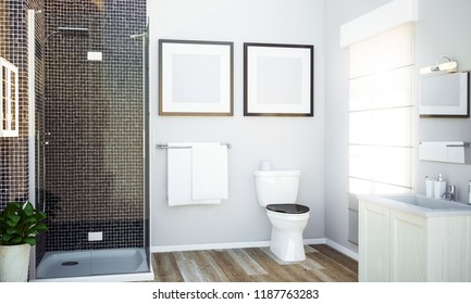 two blank frames on bathroom mockup 3d rendering