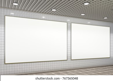 Two Blank Horizontal Advertisement Posters In Subway Underground Hall. 3d Illustration