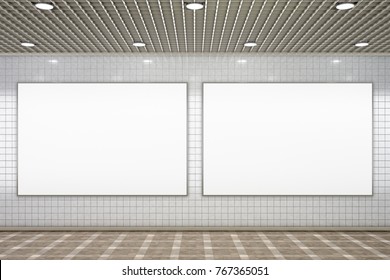 Two Blank Horizontal Advertisement Posters In Subway Underground Hall. 3d Illustration