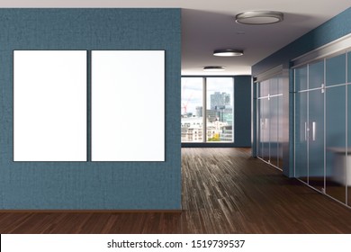 Two Blank  Horizontal Posters Mock Up On The Cyan Wall In Modern Office Interior. 3d Illustration