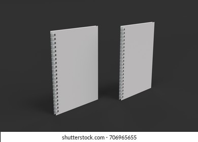 Two Blank Notebooks With White Cover And Metal Spiral Bound On Black Background. Business Or Education Mockup. 3D Rendering Illustration