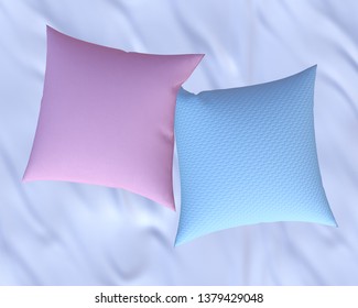 Two Blank Pink And Blue Soft Square Cotton Pillows On White Satin Bedsheet, Messy Bed Sheets,  Mockup For Your Design, 3D Render