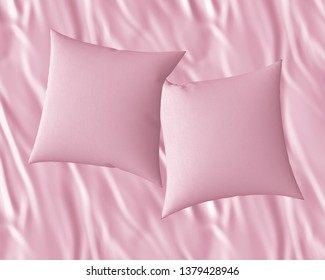 Two Blank Pink Soft Square Satin Pillows On Bedsheet, Messy Bed Sheets,  Mockup For Your Design, 3D Render