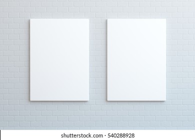 Two blank posters hanging on the wall, mock up, 3D render   