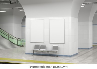 Two blank posters mock up on the wall of underground subway station. 3d illustration