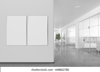 Two Blank Posters On The Wall In Bright Office Interior With Clipping Path Around Banner. 3d Illustration