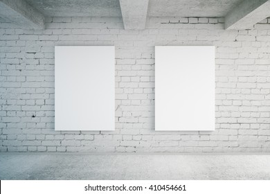 Two Blank Posters In Room With Brick Wall And Concrete Floor. Mock Up, 3D Rendering