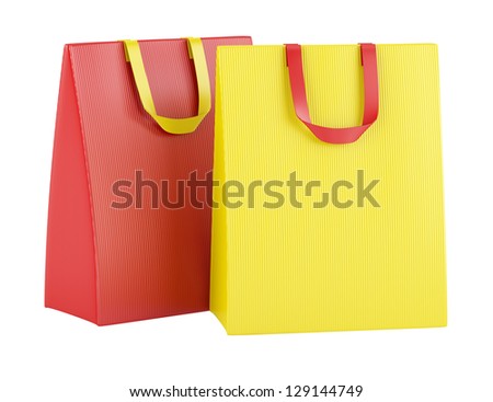 Yellow shopping bags on a blue background, Shopping concept