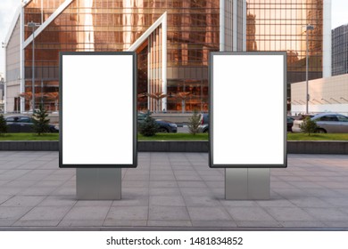 Two Blank Street Billboard Poster Stands Mock Up In City Downtown. 3d Illustration.