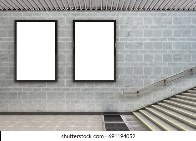 Two Blank Vertical Billboard Posters Underground. 3d Illustration