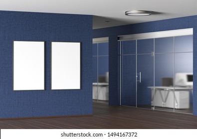 Two Blank Vertical  Posters On The Blue Wall In Modern Office. 3d Illustration