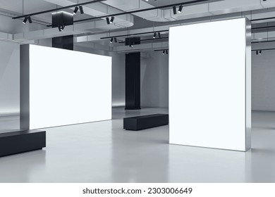 Two blank white bright partitions with space for advertising poster or marketing campaign in industrial gallery hall with black benches on concrete floor and grey wall background. 3D rendering, mockup - Powered by Shutterstock