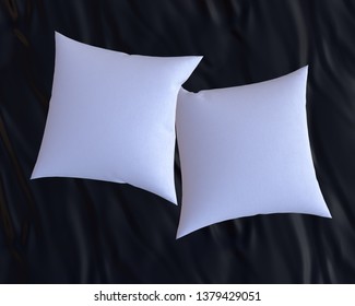 Two Blank White Soft Square Cotton Pillows On Black Satin Bedsheet, Messy Bed Sheets,  Mockup For Your Design, 3D Render