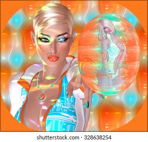 Two Blonde Girls Or Are They Robots Come Together To Form This Colorful Science, Technology And Futuristic, Abstract Beauty And Fashion Image.