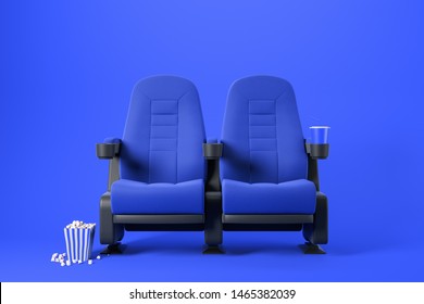 Two Blue Cinema Chairs With Fizzy Drink And Box Of Popcorn Over Blue Background. Concept Of Entertainment. 3d Rendering