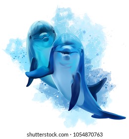 Two Blue Dolphins Watercolor Illustration