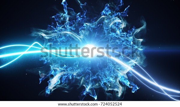 Two blue light streak breaks out on\
a black background with smoke and light particles and explode in\
space when interacting with each other 3d\
illustration