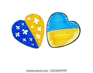 Two blue yellow hearts white background  Flag Ukraine  One heart is divided into two colors vertically in white flower  Another heart has black outline  divided in half diagonally  
