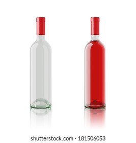 Two Bottles of Wine, Empty and Full Rose Wine, Isolated on White Background