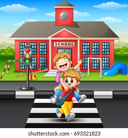 Two boy crossing the road