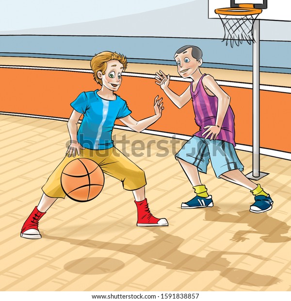 Two Boys Playing Basketball Theyre Gym Stock Illustration 1591838857 ...