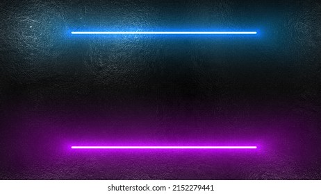 Two Bright Flashing Neon Lines Of Blue And Purple On The Old Concrete Wall