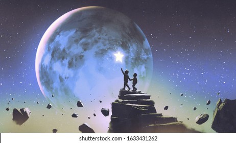 deux frères marchant sur une montagne flottante et regardant une petite étoile dans le ciel magnifique, style art numérique, illustration