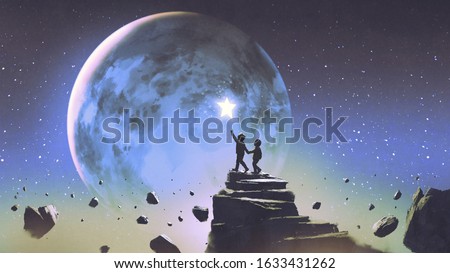 two brothers walking on floating mountain and looking at a little star in the beautiful sky, digital art style, illustration painting