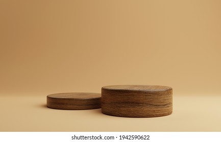 Two brown wooden round cylinder product stage podium on orange background. Minimal fashion theme. Geometry exhibition stage mockup concept. 3D illustration rendering graphic design