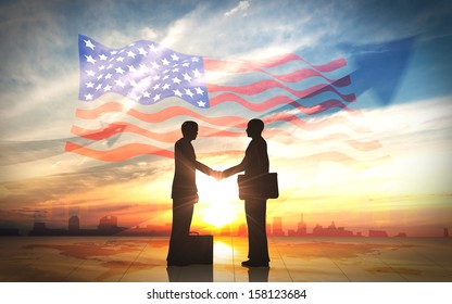  Two business man shake hand silhouettes city with american flag rendered with computer graphic.