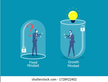 Two Businessman Different Thinking Between Fixed Mindset Vs Growth Mindset Success Concept