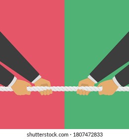 Two Businessmen Pull The Rope As A Symbol Of Rivalry, Competition, Conflict. Tug War, Two Mans Pulling A Rope In Opposite Directions. Illustration In Flat Style.