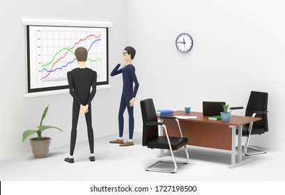 Two Businessmen Are Standing Into A Separate Office In Front Of A Board With A Chart Of Growth. 3D Illustration