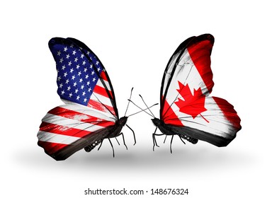 Two butterflies with flags on wings as symbol of relations USA and Canada