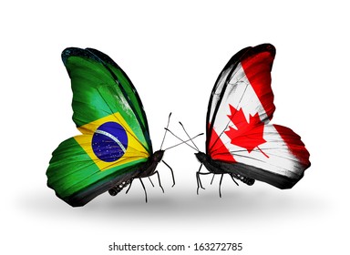 Two butterflies with flags on wings as symbol of relations Brazil and Canada
