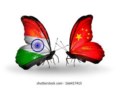 Two Butterflies With Flags On Wings As Symbol Of Relations India And China