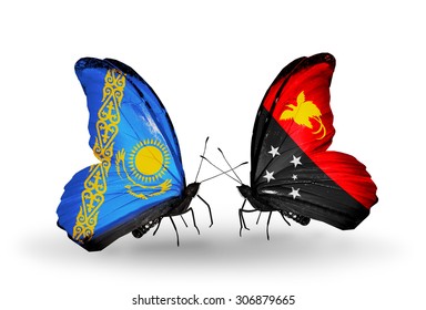 Two butterflies with flags on wings as symbol of relations Kazakhstan and Papua New Guinea