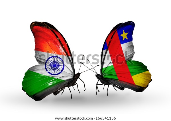 Two butterflies with flags on wings as symbol of\
relations India and\
CAR