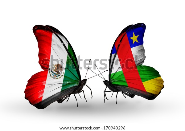 Two butterflies with flags on wings as symbol of\
relations Mexico and\
CAR