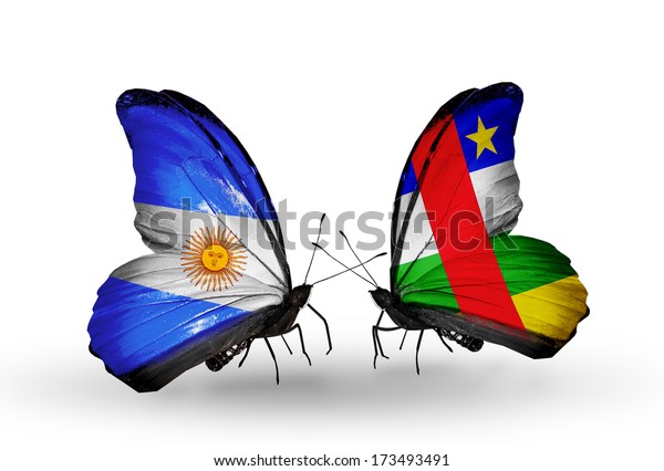 Two butterflies with flags on wings as symbol of\
relations Argentina and\
CAR