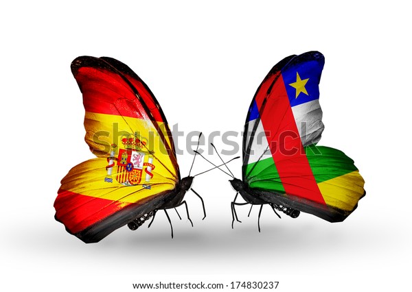 Two butterflies with flags on wings as symbol of\
relations Spain and\
CAR